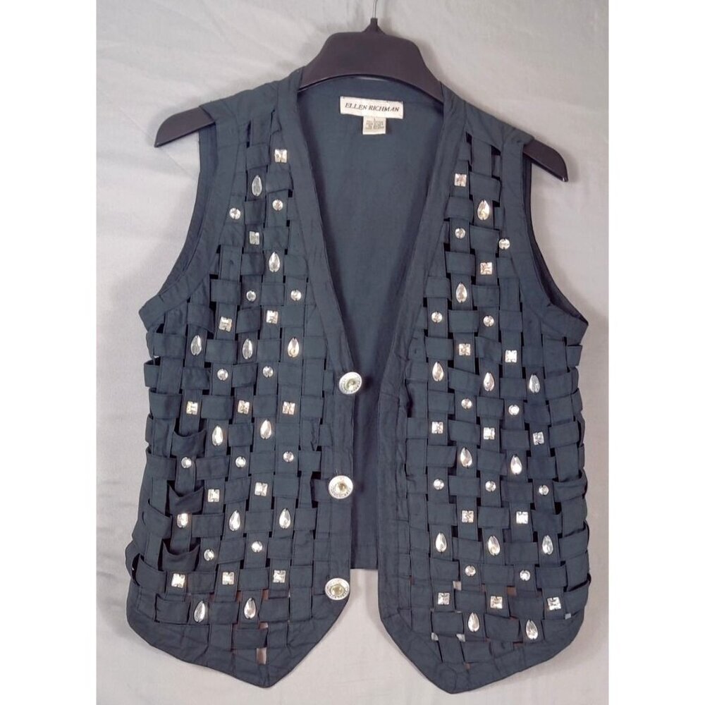VTG Lattice Woven Vest Black Cotton Rhinestone Ellen Richman Y2K Boho Whimsygoth - Picture 6 of 12